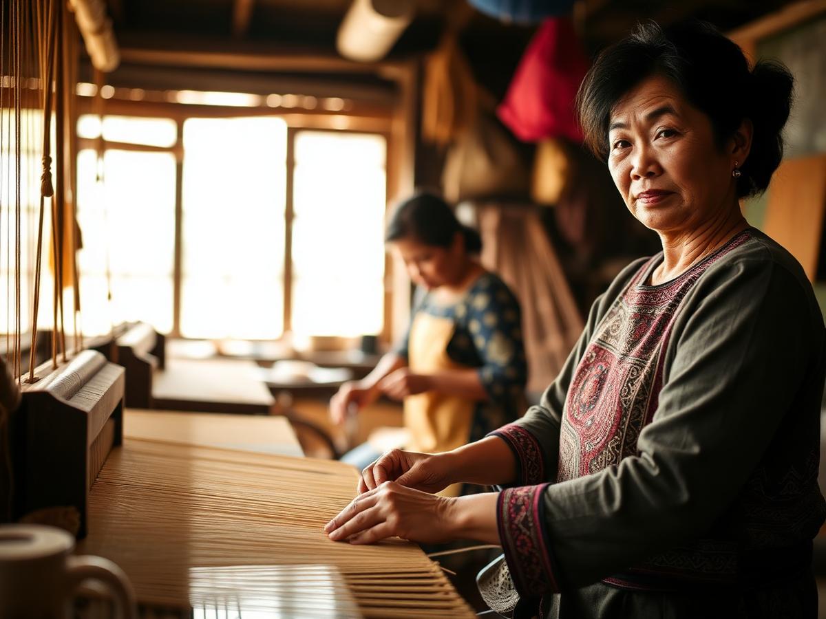 Artisans weaving textiles in a community workshop