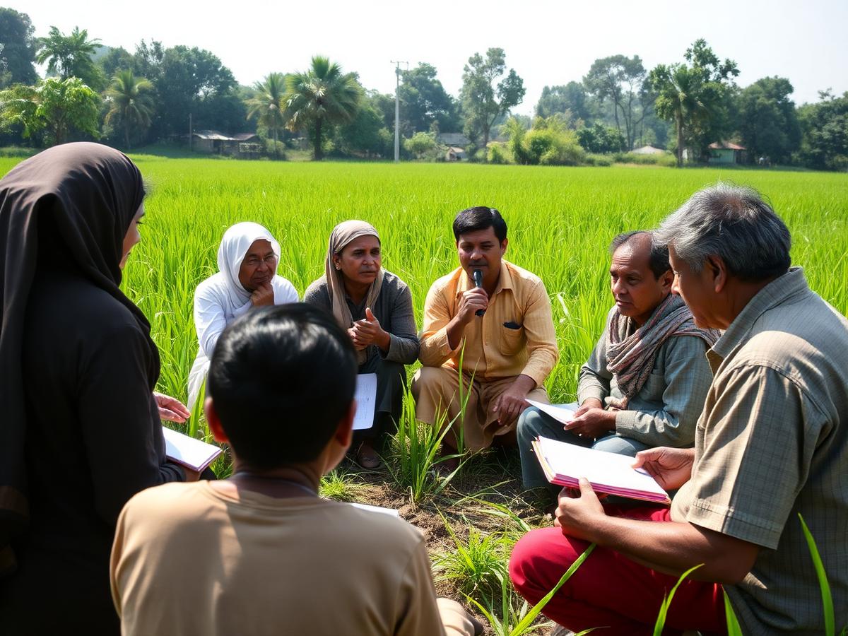 Farmers cooperative meeting in a green field discussing a funded project