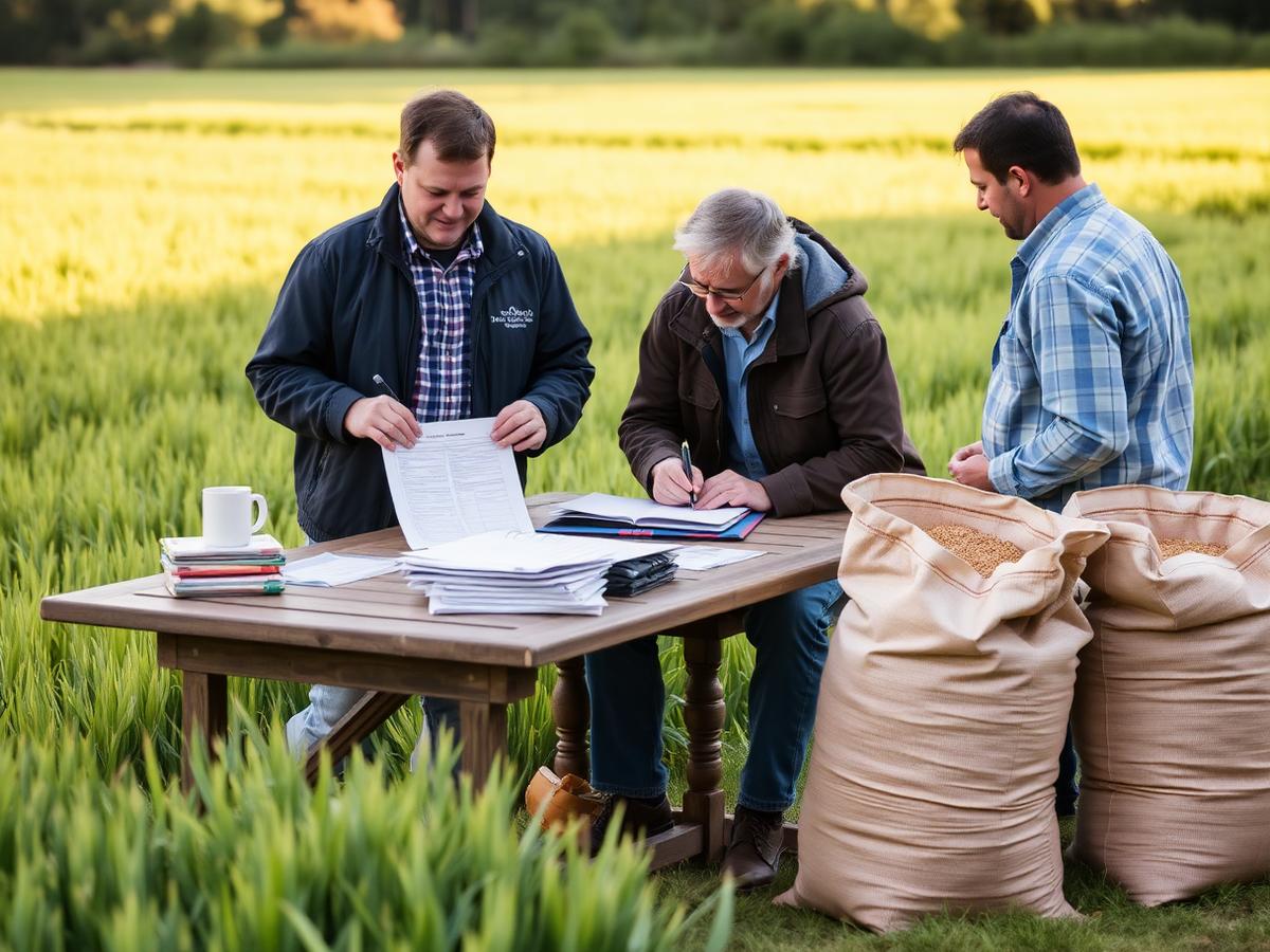 Farmers group leaders registering members at an outdoor table beside a green field
