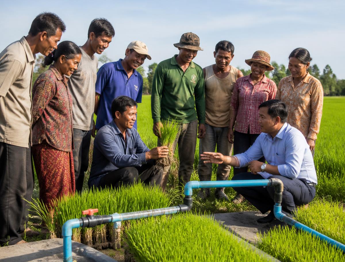 Farmers cooperative reviewing improved seedlings and irrigation equipment in a green field