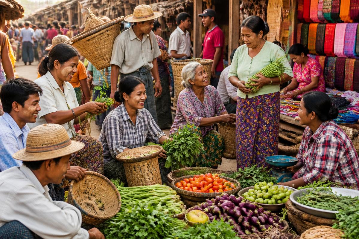 Farmers, traders, and artisans gathered at a vibrant local market