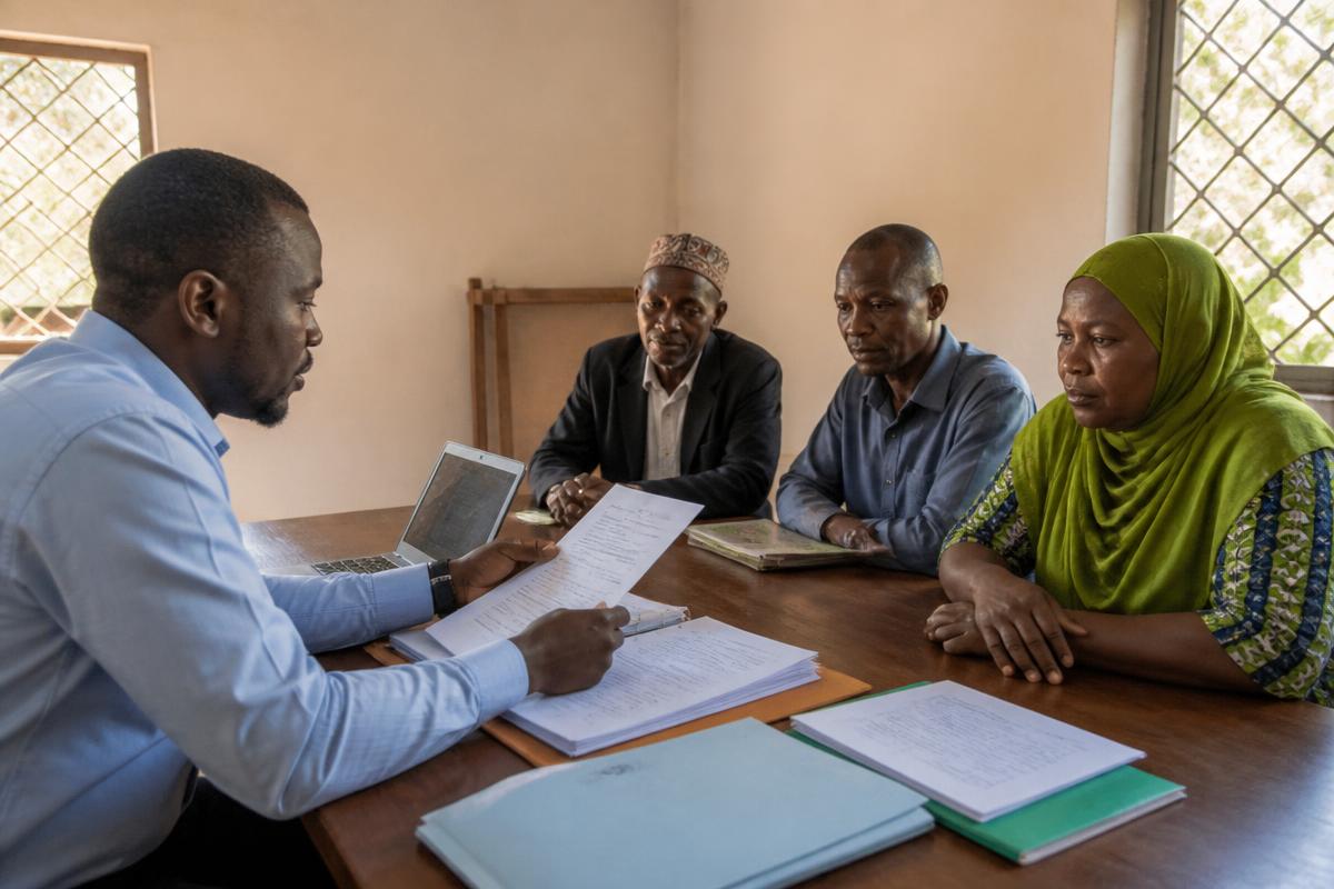 Foundation staff reviewing grant application documents with community leaders