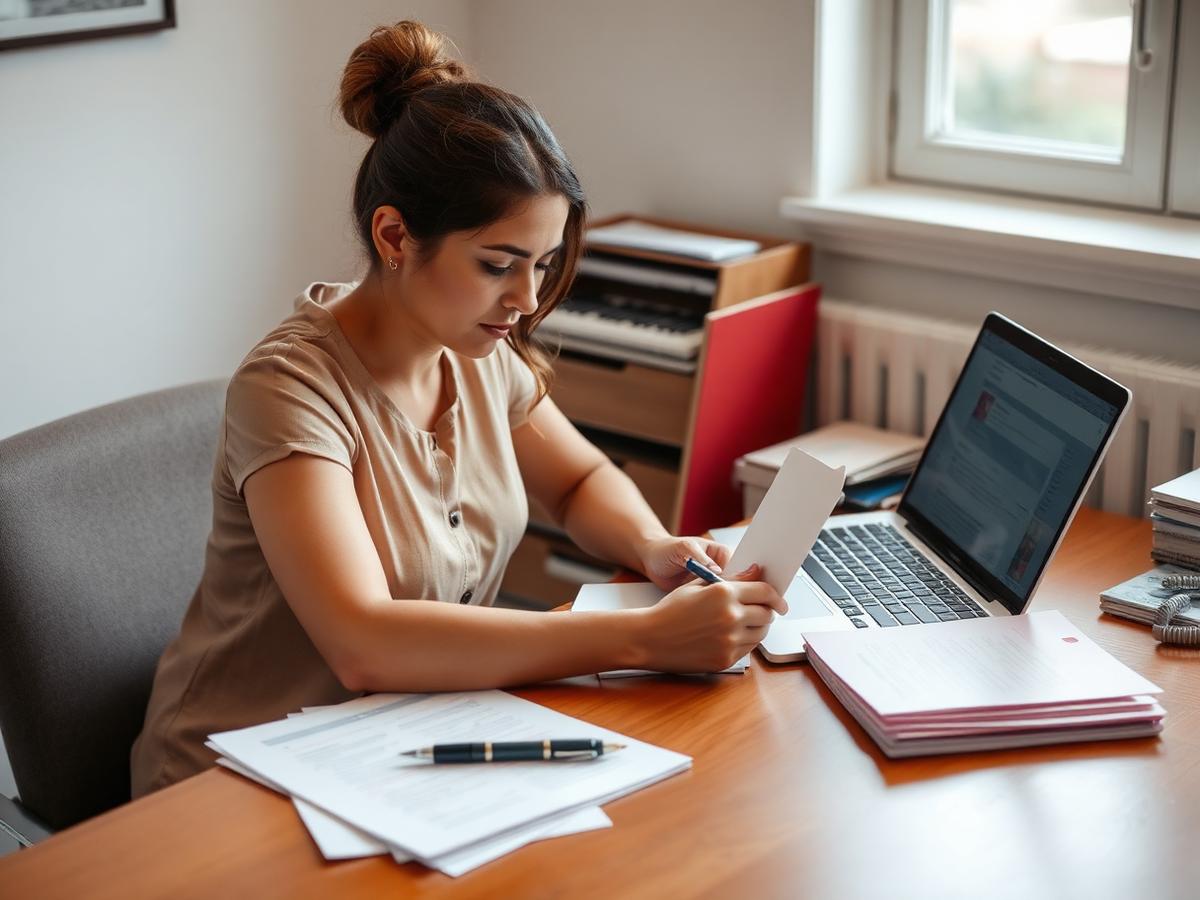 A community organiser preparing an international grant application at a desk with laptop and documents