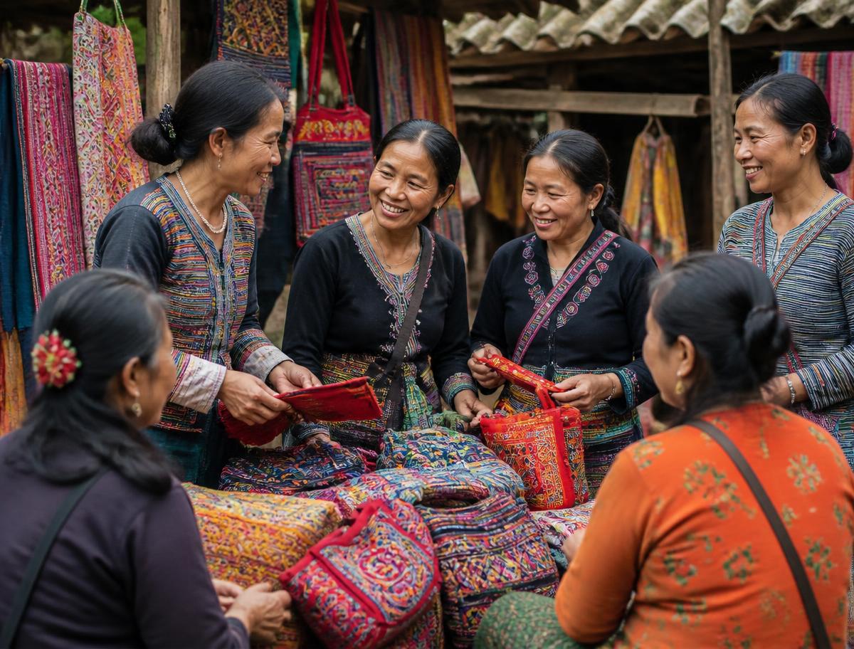 Market women cooperative trading colorful textiles at an outdoor market