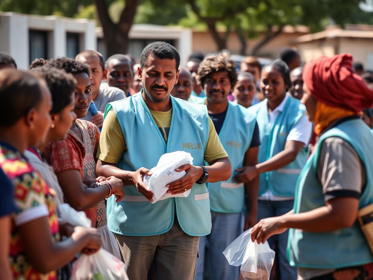 Volunteers distributing humanitarian aid to families during a community outreach