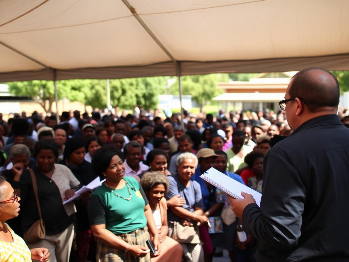 Over two hundred community members attending an outdoor grant qualification briefing