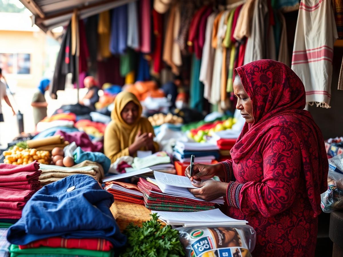 Market women traders reviewing stock records at a colourful open-air market stall